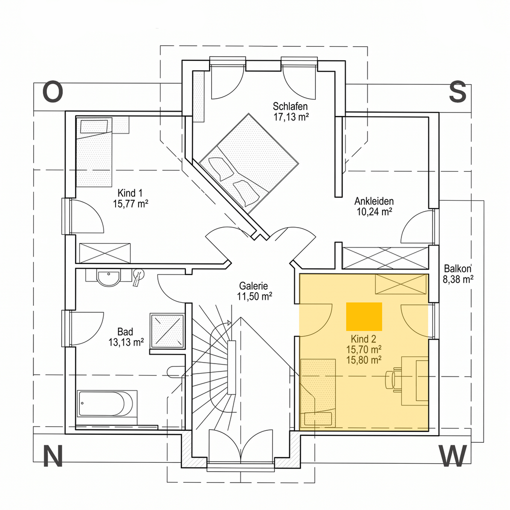 Das Zimmer Kind 2 mit SUNNYHEAT Infrarotheizung im Dachgeschoss des Musterhauses.