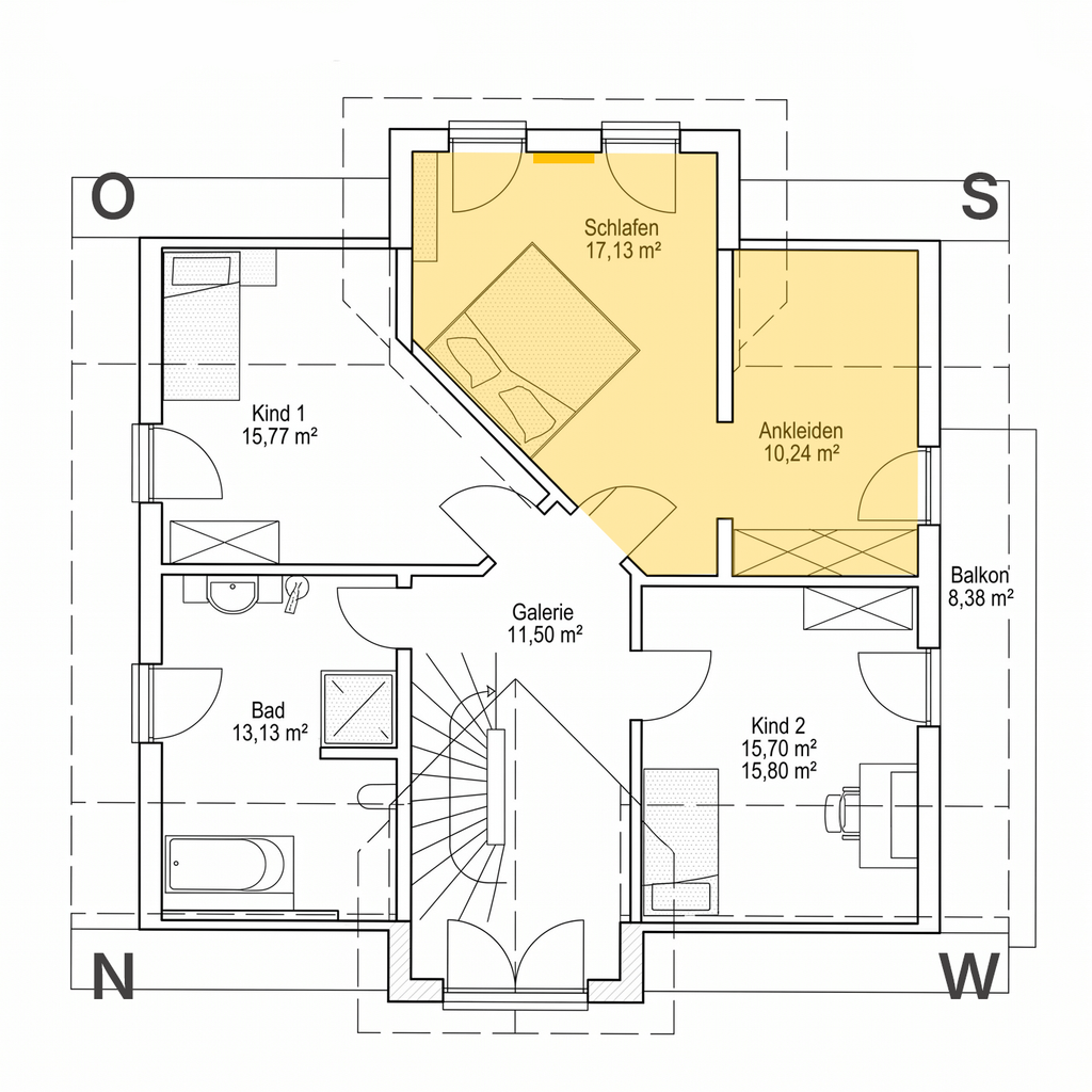 Der Raum Schlafen mit SUNNYHEAT Infrarotheizung im Dachgeschoss des Musterhauses.
