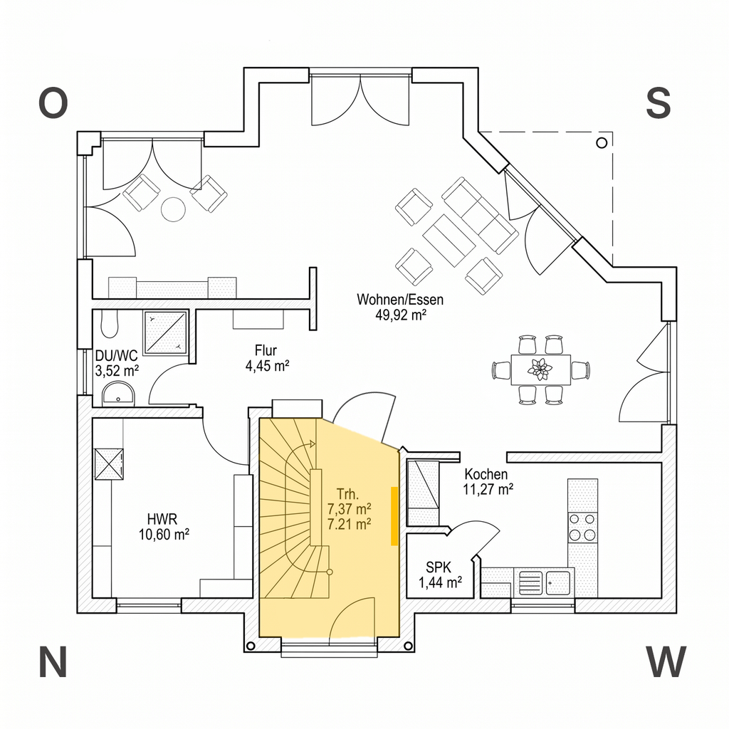 Treppenhaus mit SUNNYHEAT Infrarotheizung im Erdgeschoss des Musterhauses.