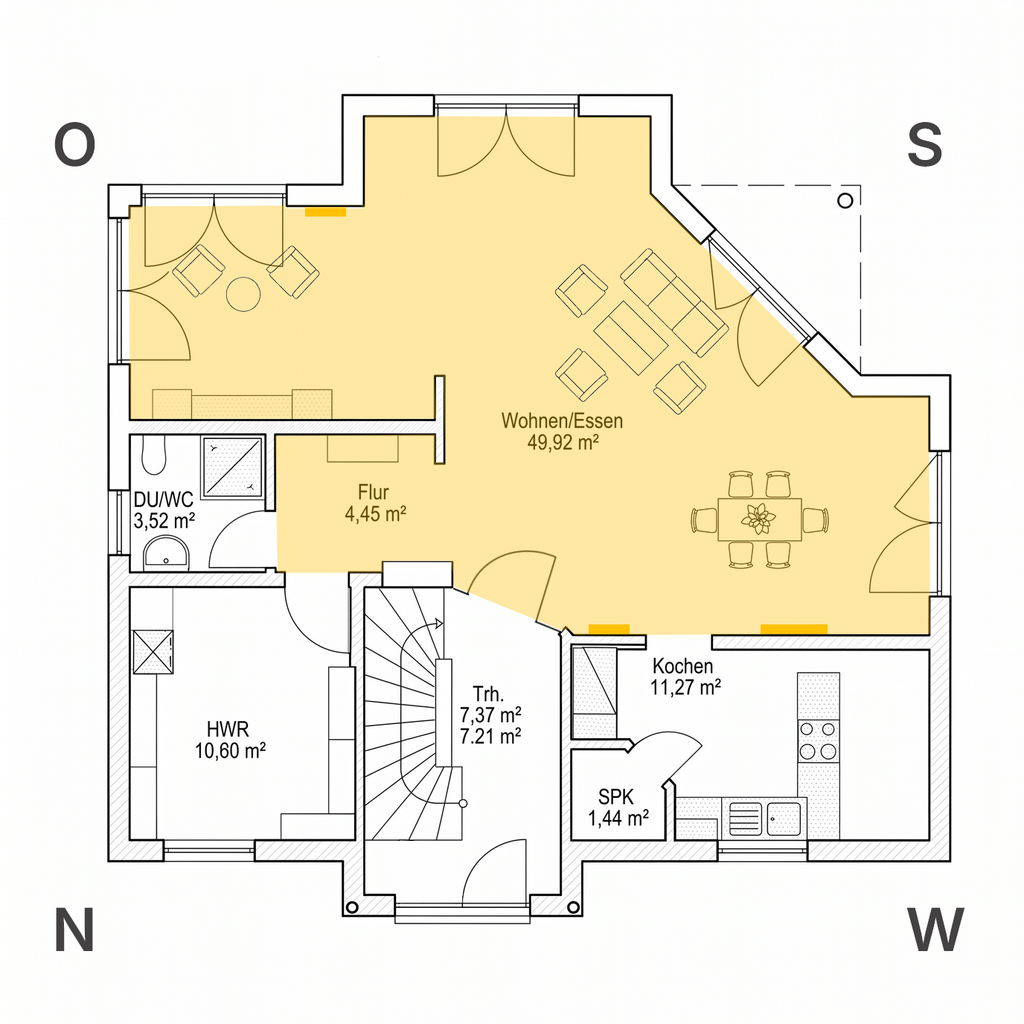 Das Wohnzimmer mit SUNNYHEAT Infrarotheizungen im Erdgeschoss des Musterhauses.